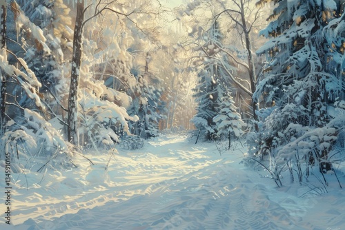 Flawless Image of Digital Oil Painting of Winter Solstice in Snowy Forest