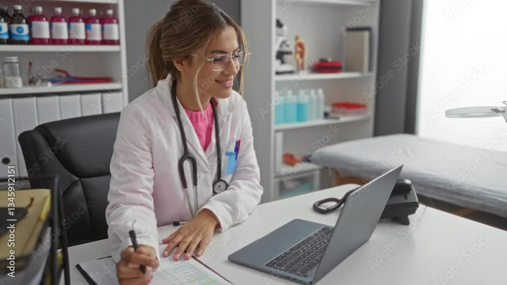 Woman in clinic using laptop and writing notes, showcasing modern healthcare setting with medical equipment in background, featuring professional attire and attentive demeanor. Woman in clinic using laptop and writing notes, showcasing modern healthcare setting with medical equipment in background, featuring professional attire and attentive demeanor.