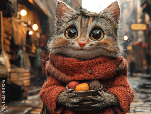 A cute, big-eyed cat in a scarf holds produce in a basket in a market scene