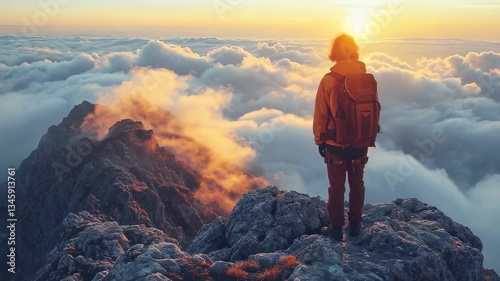 hiker on top of mountain, showing success while clmbing a mountain 
