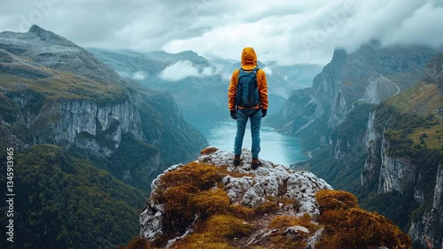 hiker on top of mountain, showing success while clmbing a mountain 