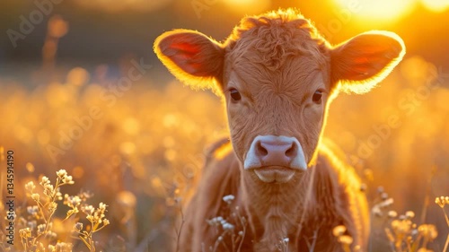 young cow in the sunset on a field