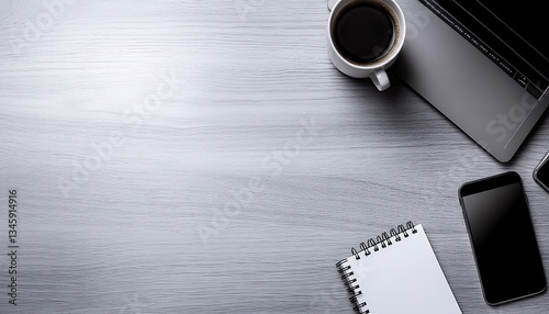 Modern Workspace: Coffee for Laptop, Notes.