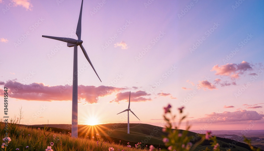 Obraz premium Modern wind turbines at sunset in serene landscape, renewable energy