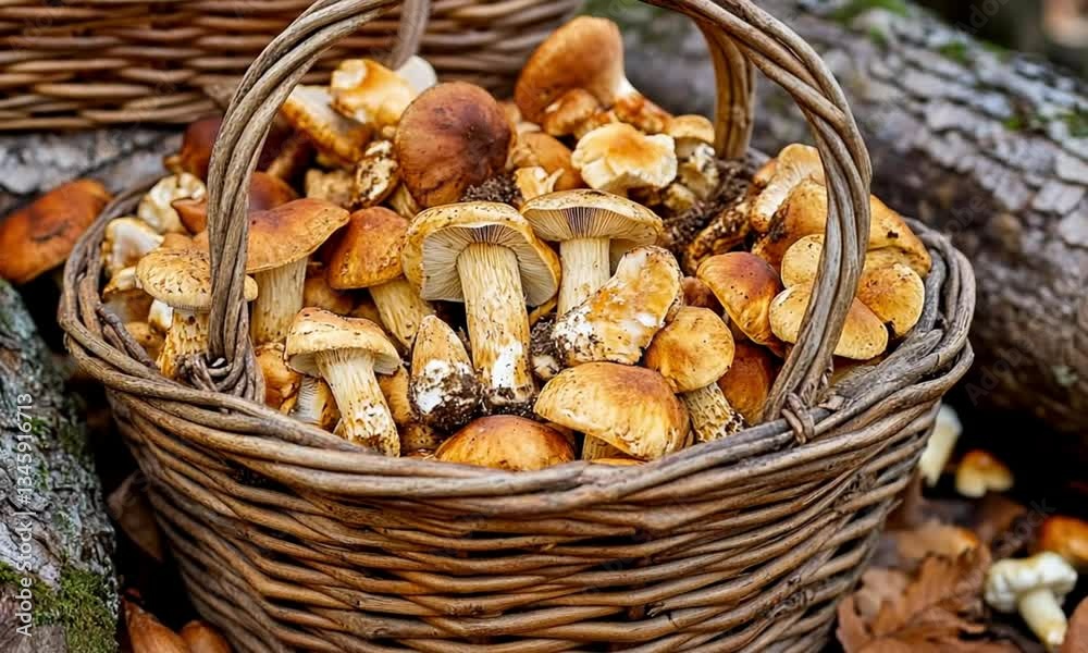 A wicker basket overflowing with freshly harvested wild mushrooms, nestled in a natural outdoor setting. A wicker basket overflowing with freshly harvested wild mushrooms, nestled in a natural outdoor setting.