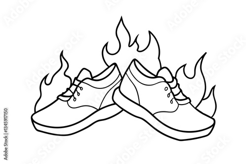 two fiery running shoes line art silhouette vector illustration