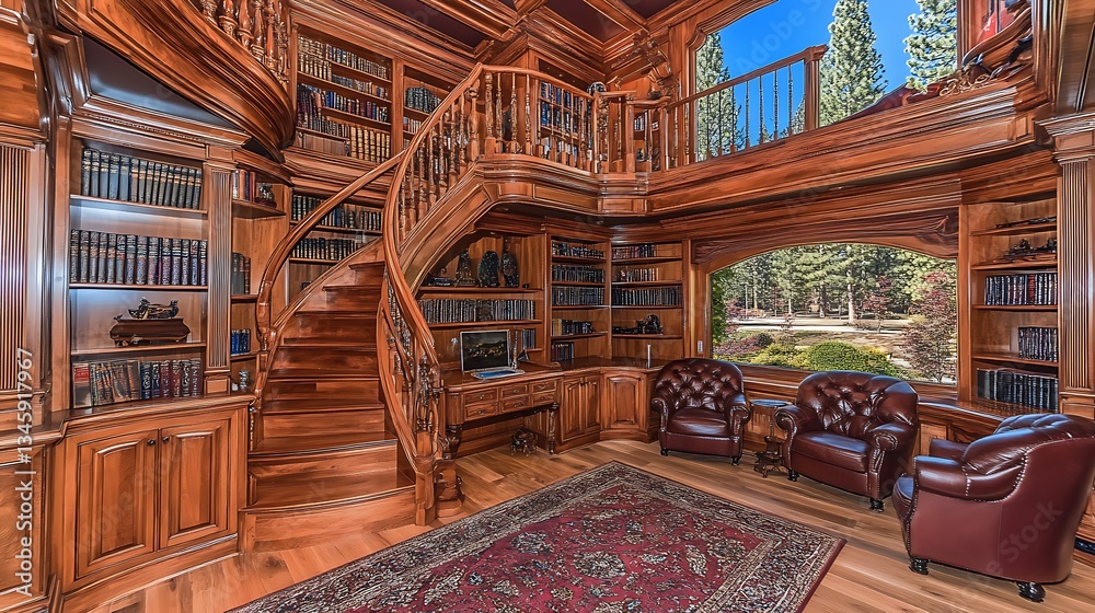 Fototapeta premium A beautiful wooden library displays books and a spiral staircase