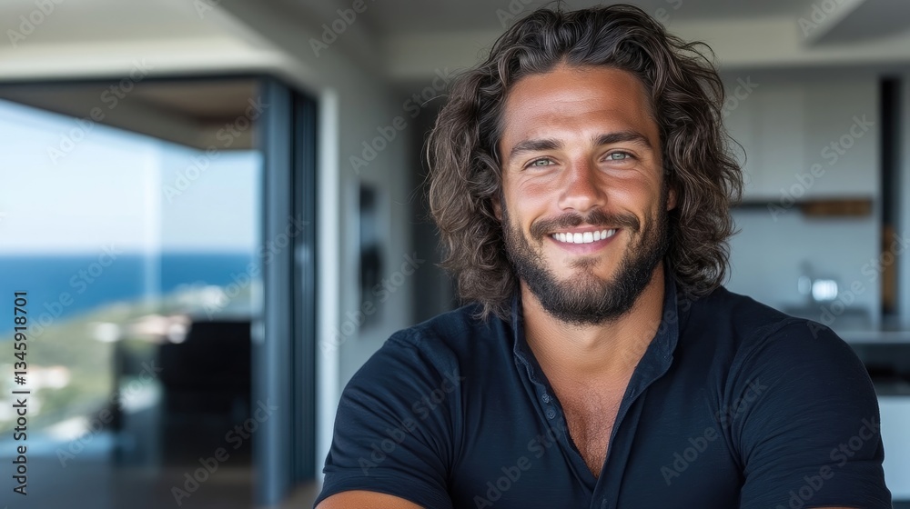 Obraz premium Smiling man with long hair and beard