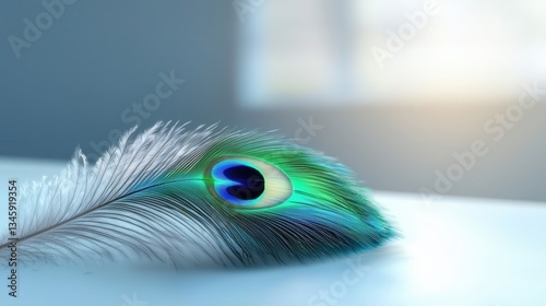 Iridescent Peacock Feather on Matte White Surface Vibrant Colors and Natural Elegance in Minimalist Photography