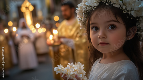 Corpus Christi, close-up of a little girl wearing a white dress with a flower crown on her head, Ai generated images