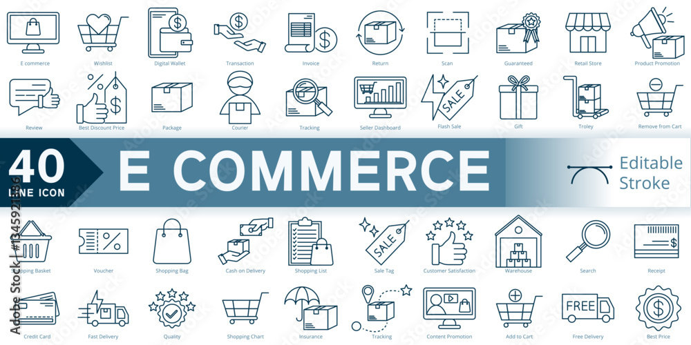 Obraz premium e commerce icon set, simple line element e commerce with editable stroke, e commerce simple icon, online shop icon line style vector image
