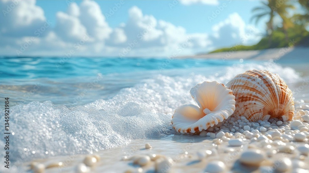 Seashells on Tropical Beach Summer Ocean Wave