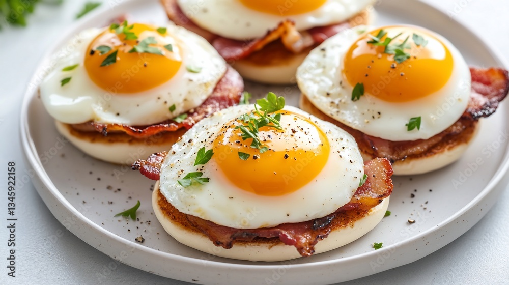 Sunny-side up eggs and crispy bacon on mini toasts Sunny-side up eggs and crispy bacon on mini toasts