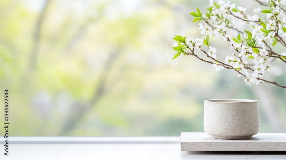Tranquil spring scene with white blossoms and teacup Tranquil spring scene with white blossoms and teacup