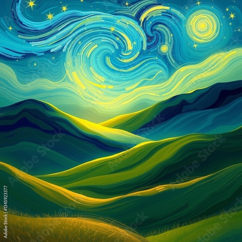 Starry hills under swirling skies