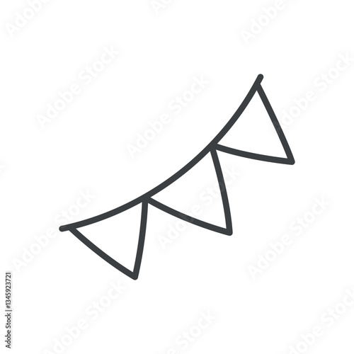 Cute bunting flags icon. Hand drawn monochrome illustration of a party garland of three triangle flags isolated on a white background. Kawaii sticker. Vector 10 EPS.