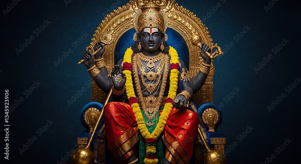 Fototapeta premium Lord Hanuman adorned with golden ornaments, captured with regal grandeur