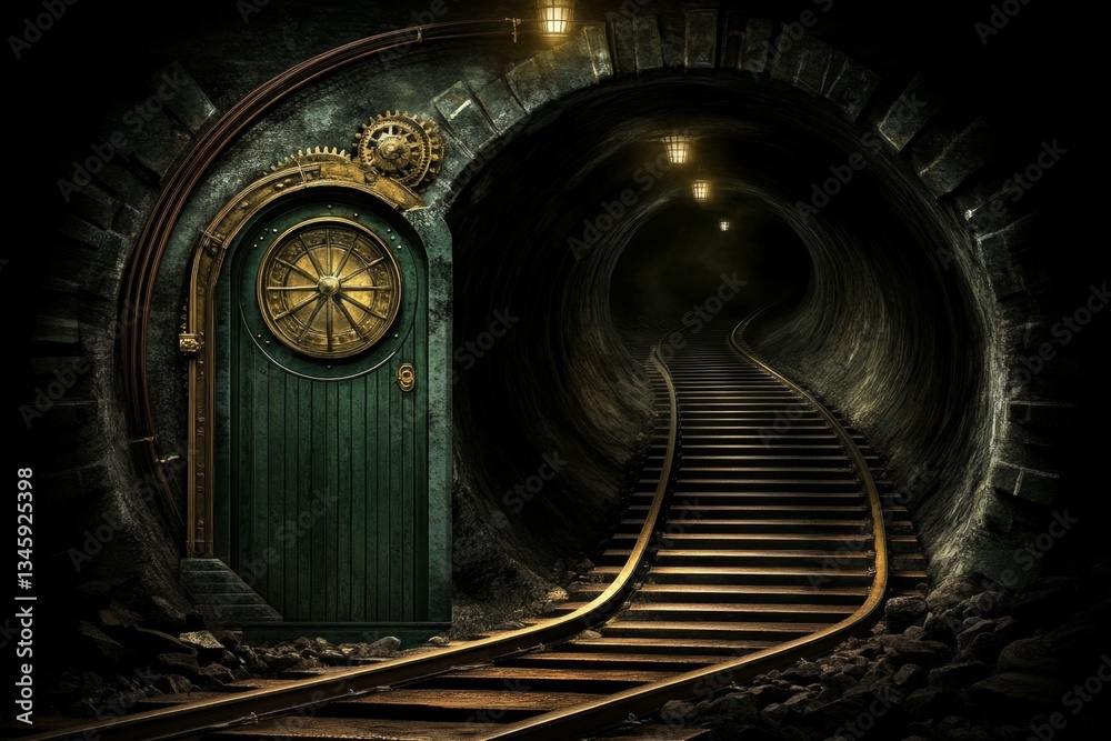 Naklejka premium A steam-powered train station map, showing vast tunnels, underground railways, and massive iron gears controlling the transportation system