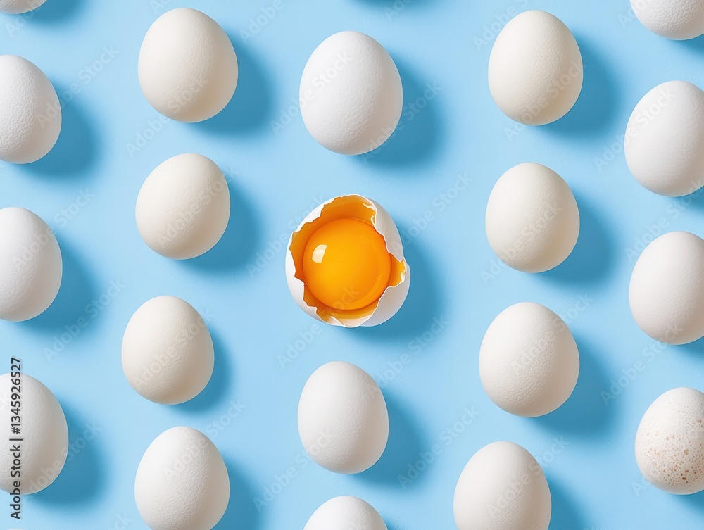 Fresh eggs arranged in a circle with one cracked egg revealing bright yellow yolk on a blue background for culinary and food concepts