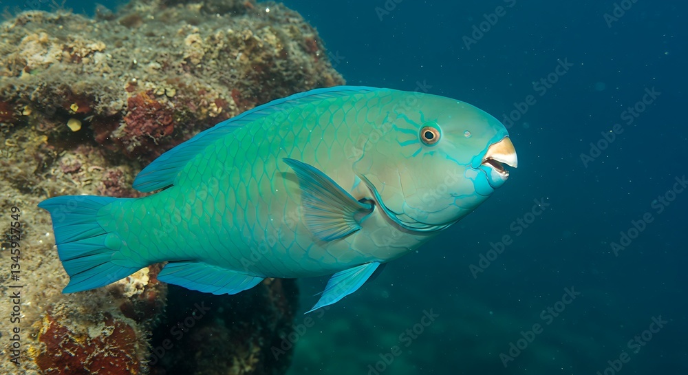 A parrotfish with vibrant blue and green scales and a beak-like mouth. A parrotfish with vibrant blue and green scales and a beak-like mouth.