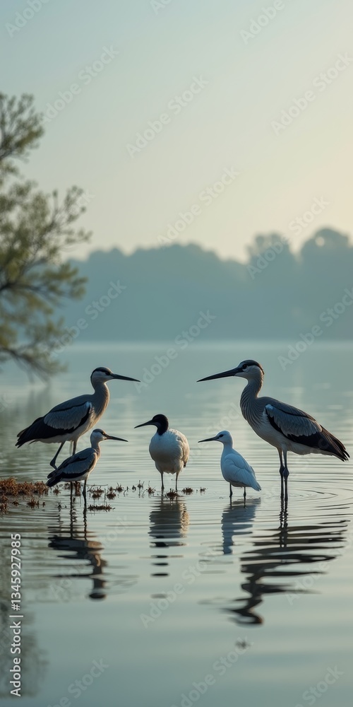 Obraz premium A serene scene unfolds as a group of birds stands together in the water, their reflections rippling gently on its surface