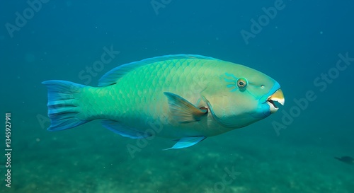 A parrotfish with vibrant blue and green scales and a beak-like mouth.