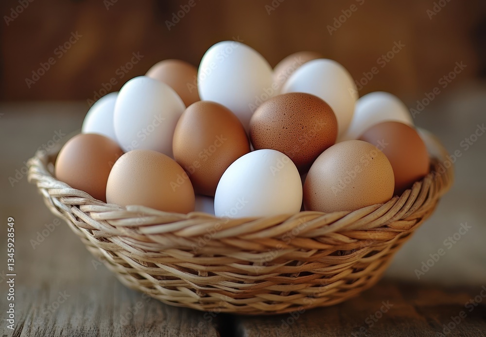 Fresh farm eggs in a rustic wicker basket, showcasing a variety of brown and white eggs against a warm wooden background, perfect for culinary themes and farm imagery Fresh farm eggs in a rustic wicker basket, showcasing a variety of brown and white eggs against a warm wooden background, perfect for culinary themes and farm imagery
