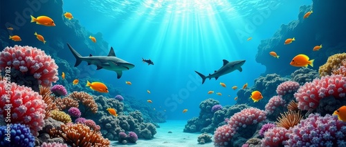 Fototapeta Naklejka Na Ścianę i Meble -  Underwater paradise, vibrant fish and sharks swim amidst coral reefs