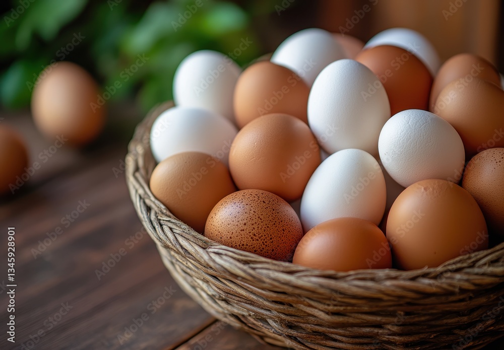 Fresh Farm Eggs in a Rustic Woven Basket with Greenery on Wooden Table, Ideal for Culinary, Nutrition, and Natural Food Photography Needs Fresh Farm Eggs in a Rustic Woven Basket with Greenery on Wooden Table, Ideal for Culinary, Nutrition, and Natural Food Photography Needs