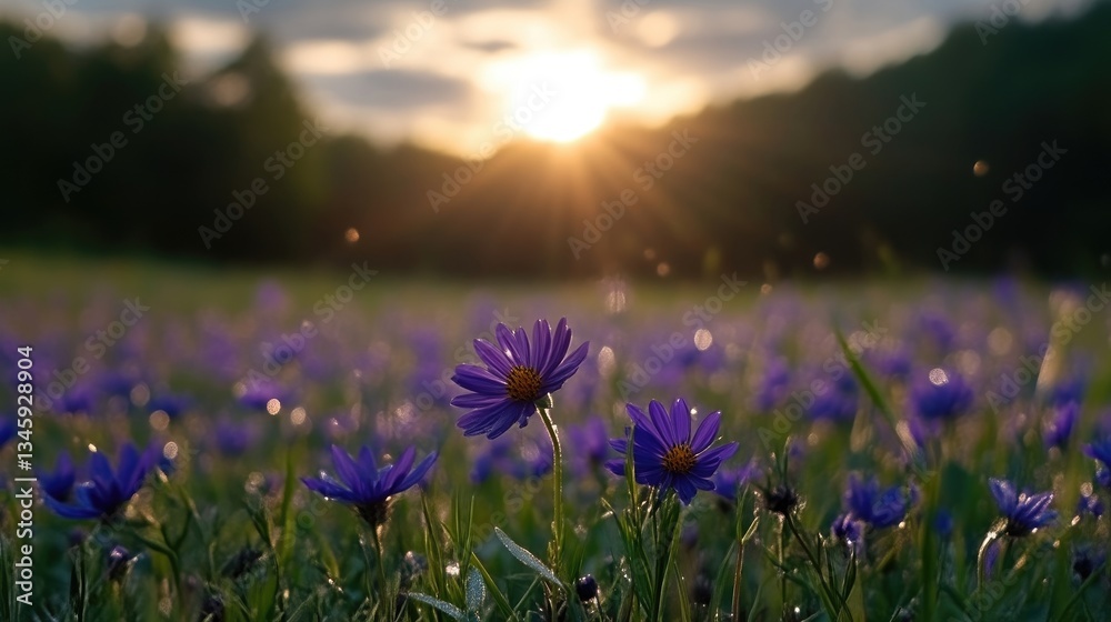 Fototapeta premium Sunset over a field of vibrant purple wildflowers