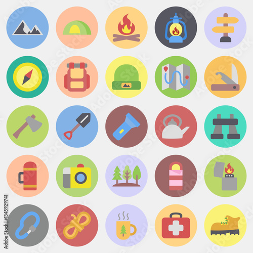 Icon set of camping. Camping and adventure elements. Icons in color mate style. Good for prints, posters, logo, advertisement, infographics, etc.