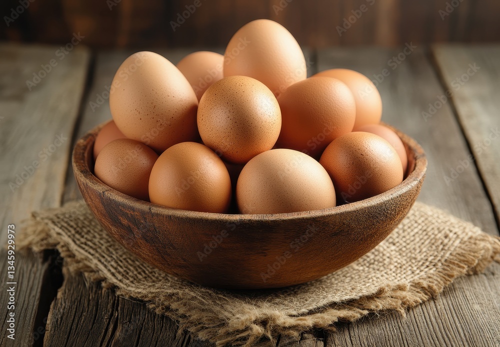 Fresh Organic Brown Eggs in a Rustic Wooden Bowl on a Wooden Table Surrounded by Natural Texture and Warm Light Fresh Organic Brown Eggs in a Rustic Wooden Bowl on a Wooden Table Surrounded by Natural Texture and Warm Light