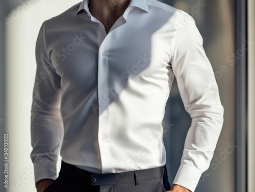 A man wearing a white shirt and black pants, possibly formal attire