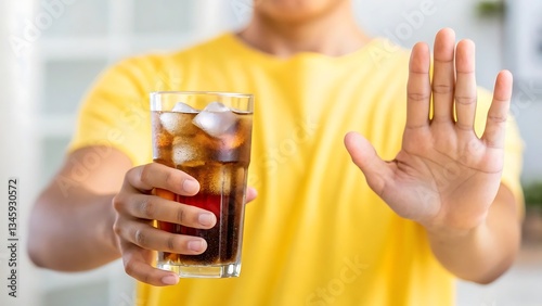 Person rejecting sugary soda drink healthy lifestyle choice wellness wellbeing