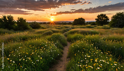 Le soleil couchant sur les prairies fleuries
