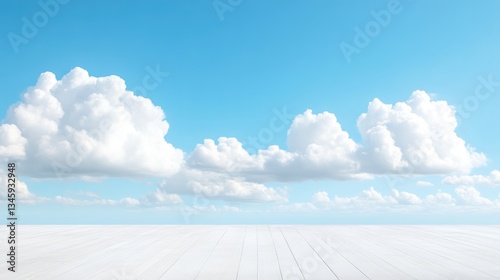 Blank white wooden floor against a vibrant blue sky with fluffy clouds