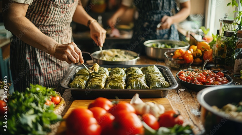 Obraz premium Artistic Representation of Dolma Preparation: Family Engaged in Cooking Together, Showcasing Cultural and Social Aspects in Home Kitchen
