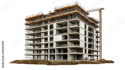 Modern Building Under Construction with Scaffolding and Crane