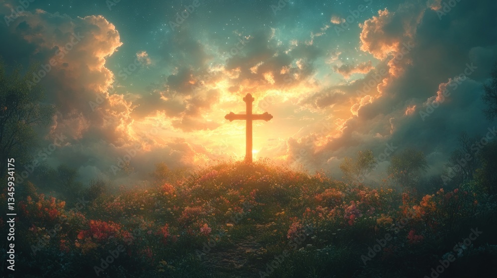 Illuminated cross atop a hill bathed in sunrise, surrounded by colorful flowers and dramatic clouds. Illuminated cross atop a hill bathed in sunrise, surrounded by colorful flowers and dramatic clouds.