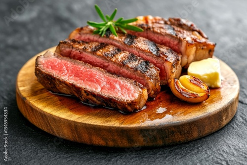 Cortes de carne jugosa y suculenta, perfecta cocción y presentación atractiva en tabla de madera