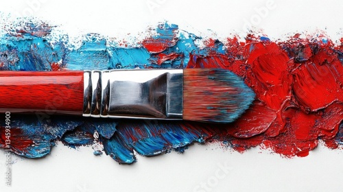 Red and blue paintbrush on artist canvas texture