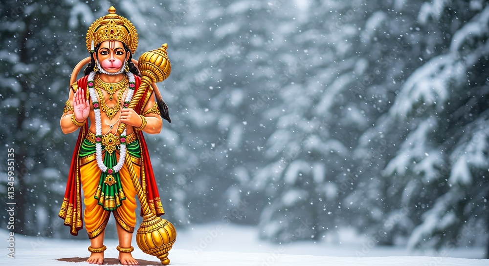 Lord Hanuman standing in a snowy forest, digital interpretation and illustration Lord Hanuman standing in a snowy forest, digital interpretation and illustration