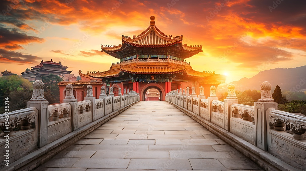 Fototapeta premium Iconic Beijing palace at sunset with bridge, vibrant sky, tourism background