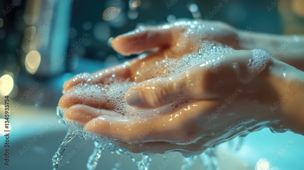 Fototapeta premium A person washes their hands with soap and water