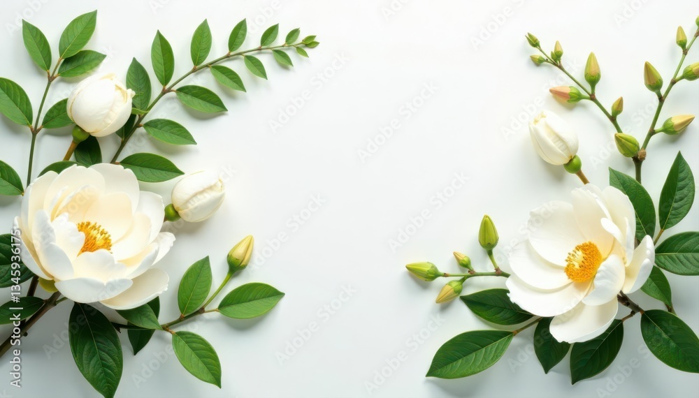 Fototapeta premium Classic white blooms & greenery; horizontal banner featuring peonies, hydrangeas, magnolias, orchids, eucalyptus, fern, & salal , elegant, spring, floral