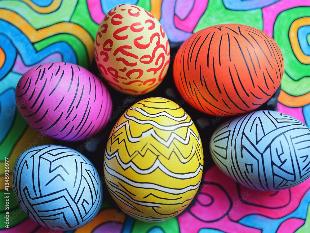 Obraz premium Colorful doodle easter eggs top down lay flat view with colourful maze