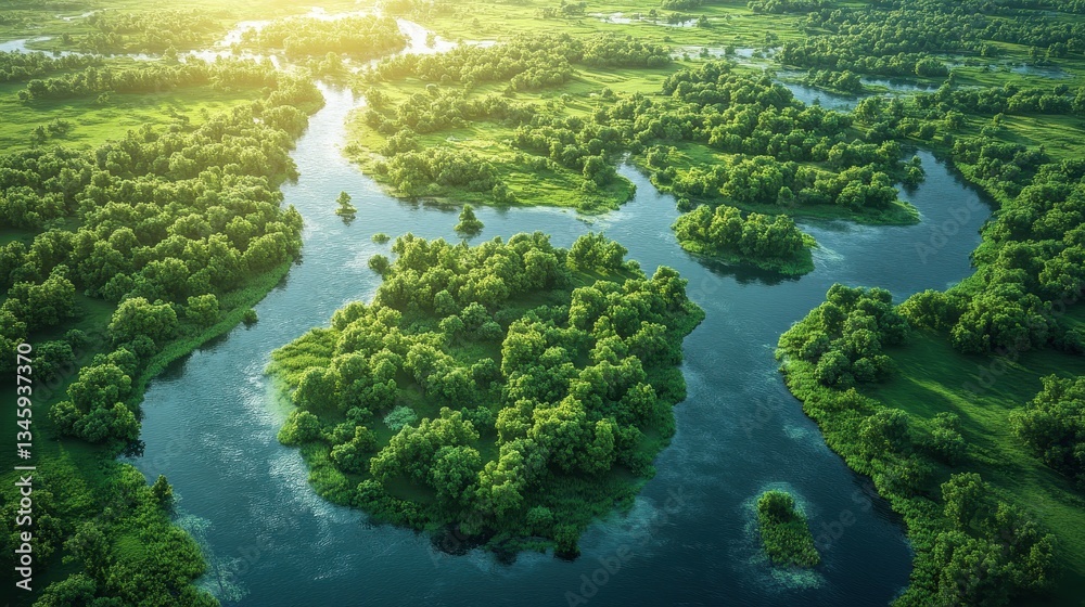 An aerial view of a river system amidst green forest An aerial view of a river system amidst green forest