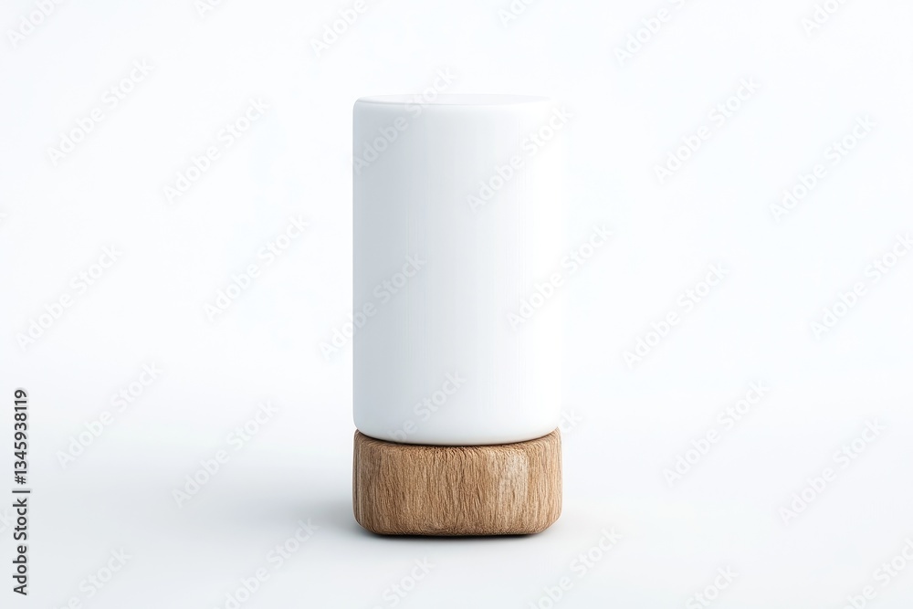Modern minimalist table lamp. Cylindrical white shade atop a wooden base Modern minimalist table lamp. Cylindrical white shade atop a wooden base
