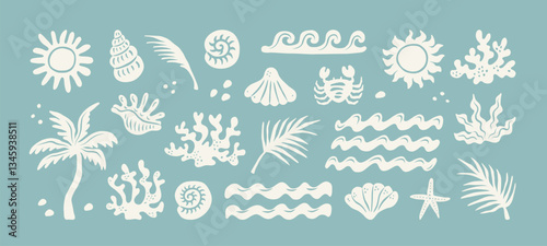 Summer boho vintage icon set. Hand drawn palm tree, sun and sea, seashells, coral, crab in naive groovy style. Tropical surf club concept, vacation and travel. Vector collage elements for print.