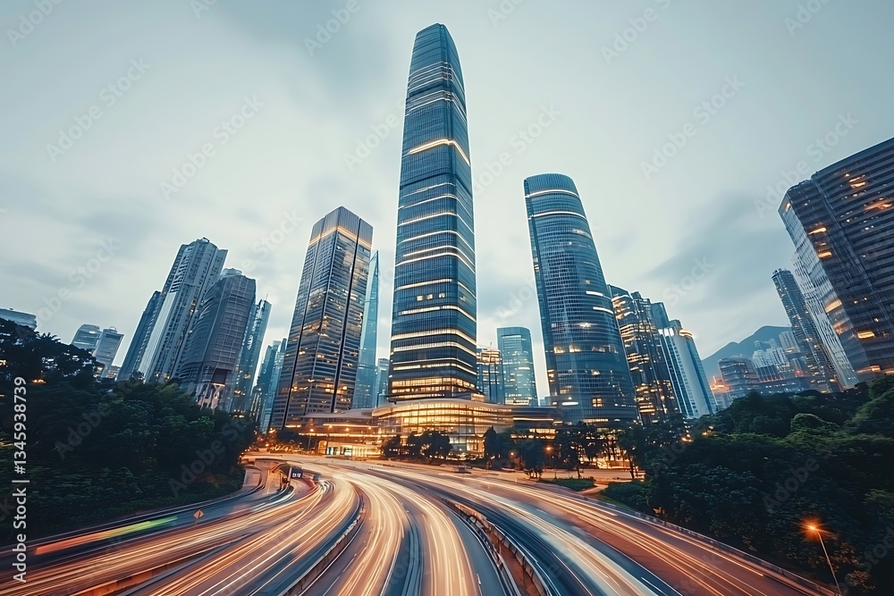 Fototapeta premium Cityscape Skyline for Traffic, Dusk, Asia.